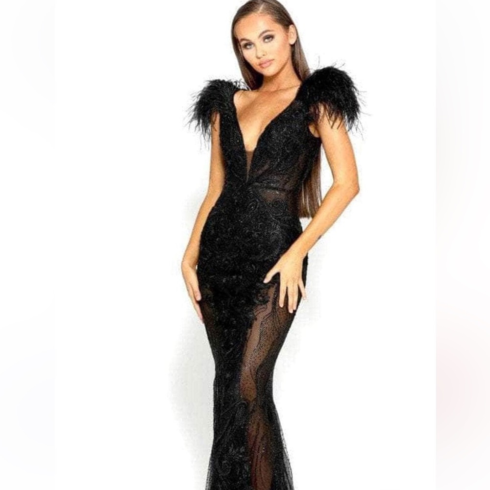 Portia and Scarlett Black Feathered Prom Dress